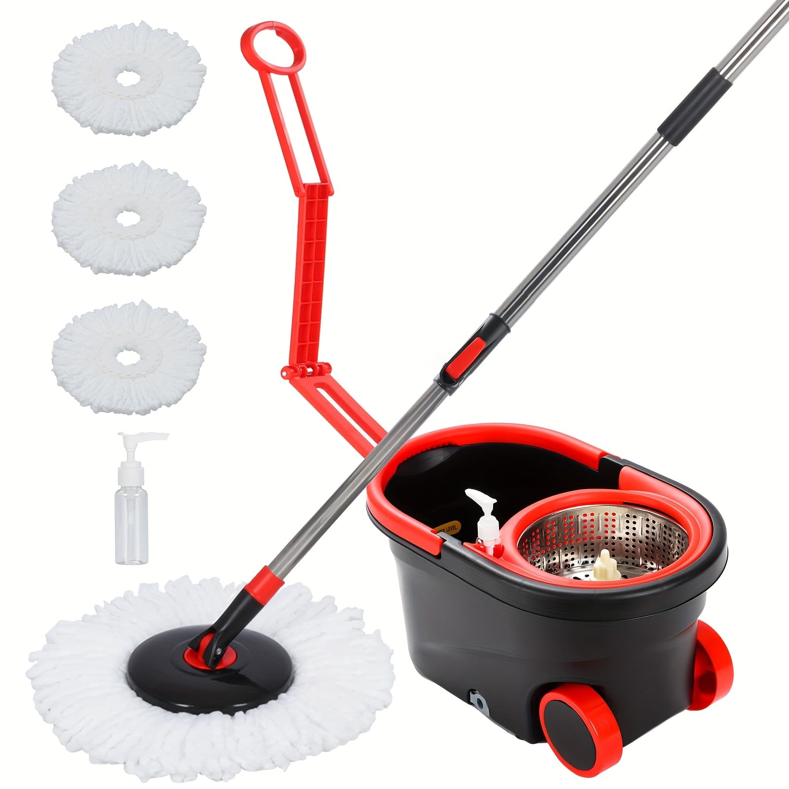 TEMU Spin Mop And Bucket With Wringer Set On Wheels, 360° Spinning Mop With 3 Microfiber Mop Replacement Heads And 61" Adjustable Handle For Floor Cleaning (25qt)