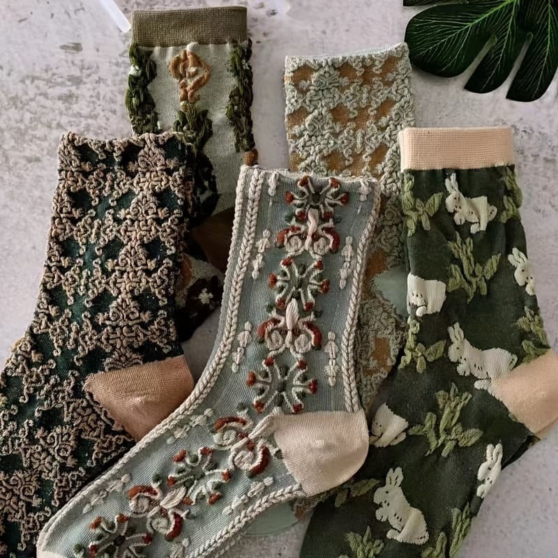 TEMU 5 Pairs Of Women’s Vintage Floral Print Socks - Soft, Warm Mid-calf Length With Green , Ribbed Cuffs & Textured Patterns, Autumn & Winter , Cute Socks