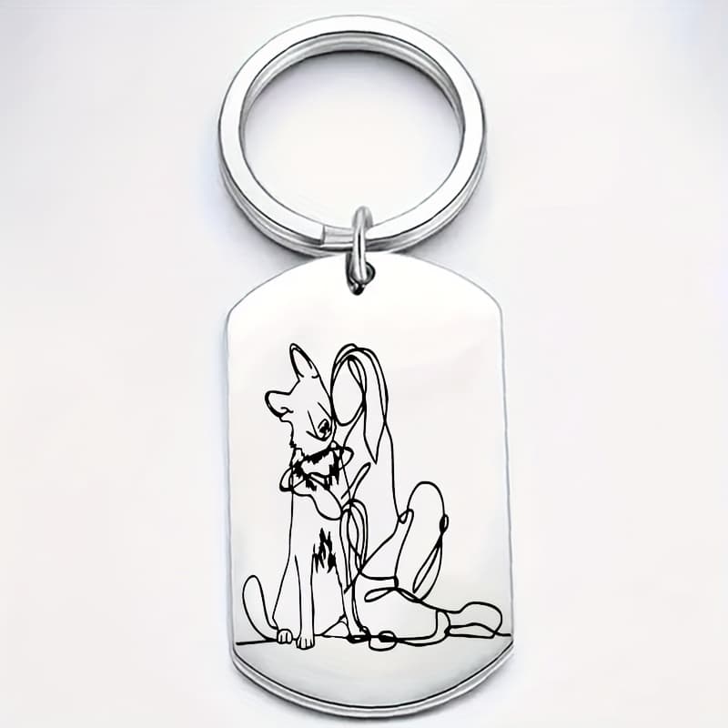 TEMU Stainless Steel Keychain With Artistic Line Carving Of Woman & German Shepherd - Durable Gift For National , 's Day, Valentine's, Easter, Thanksgiving