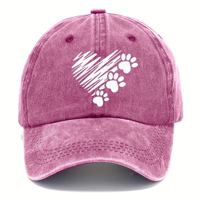 TEMU Vintage Washed Baseball With Cat Paw Heart Print - Men's Distressed Gray Dad Hat, Hand-washable Textured Fabric, Casual Fit, | Design|viscose Material, Baseball