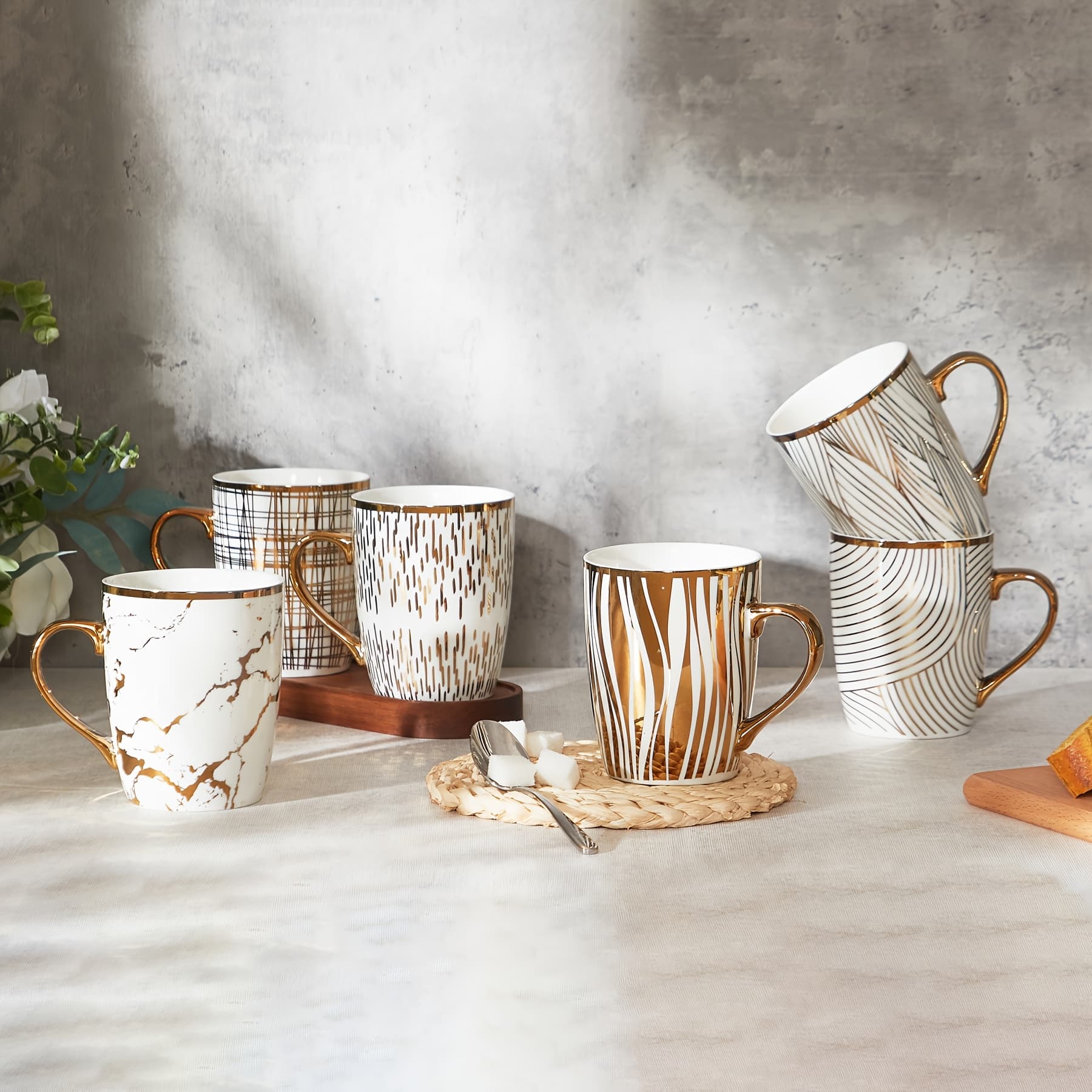 TEMU 18oz Plating Coffee Mug, Set Of 6, Microwave Safe Ceramic Cups With Handle, Dishwasher/oven Safe, Durable, Unique Gift Options - Golden-plated Edge