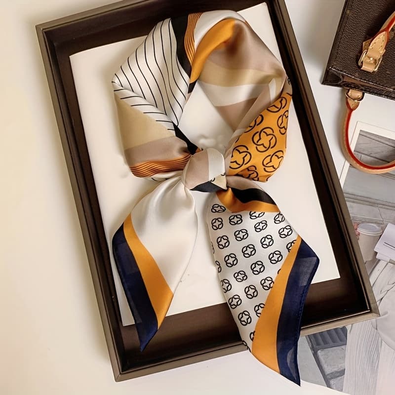 TEMU 1pc Floral Striped Pattern Square Scarf, Material, , Lightweight And Breathable, Suitable For Spring Summer Autumn, Beach Parties, Daily Commuting, Fashionable And Versatile