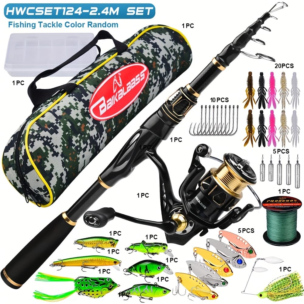 TEMU Fishing Rod Reel Combo Kit -spinning Reel, -2.4m/5.9ft-7.9ft Pole, Line, Lure, Hooks - Full Set With Storage Bag