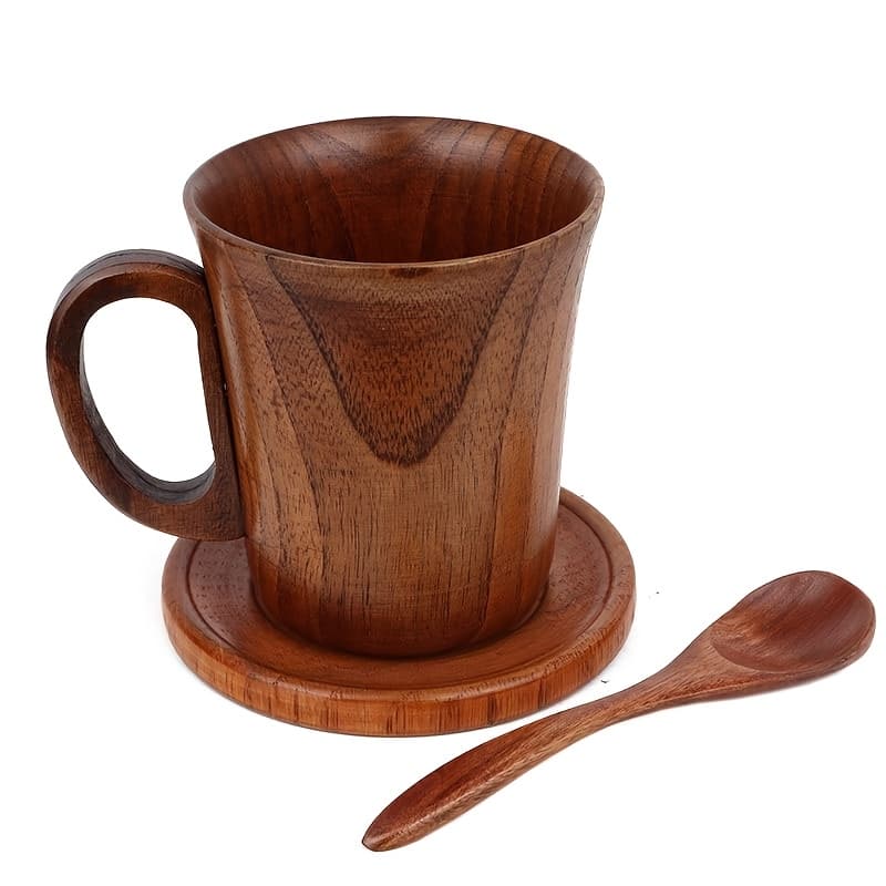 TEMU 1pc Wooden Cup And Spoon Set (with Coaster) , Reusable Office , Multi-functional, Hand-washed High-quality Drinking Utensils Are Suitable For Office, Living Room, Living Room Use