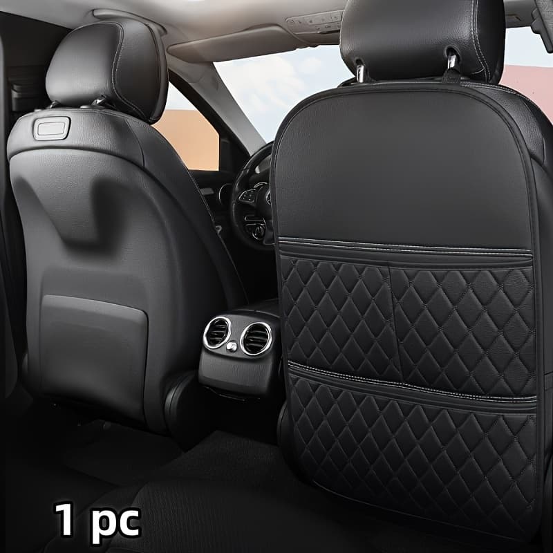 TEMU 1pc Car Seat Kick Pad Backrest Storage Bag Car Hanging Bag Faux Leather Quilted Storage Bag Wear-resistant