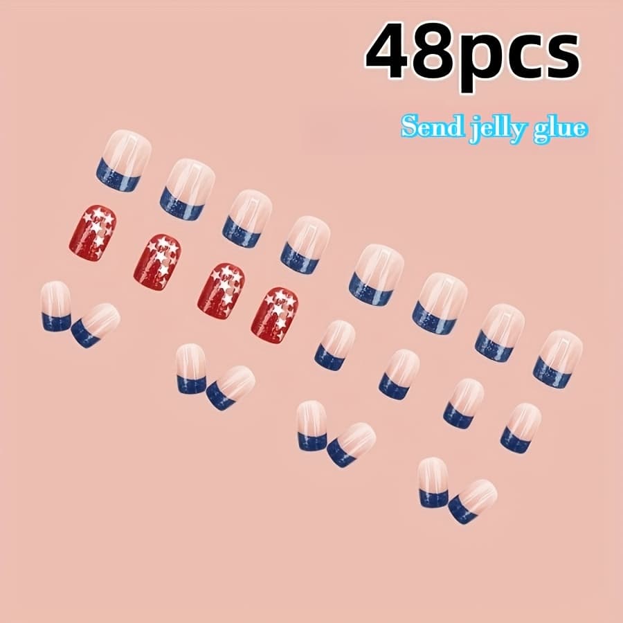 TEMU 48 Patriotic Fake Nails - Smooth Short Square With Stars And , Mixed Colors, Perfect For , Daily And Parties, Holiday Nail Art, Party Accessories, Decorative Nails, Glossy Surface Nails