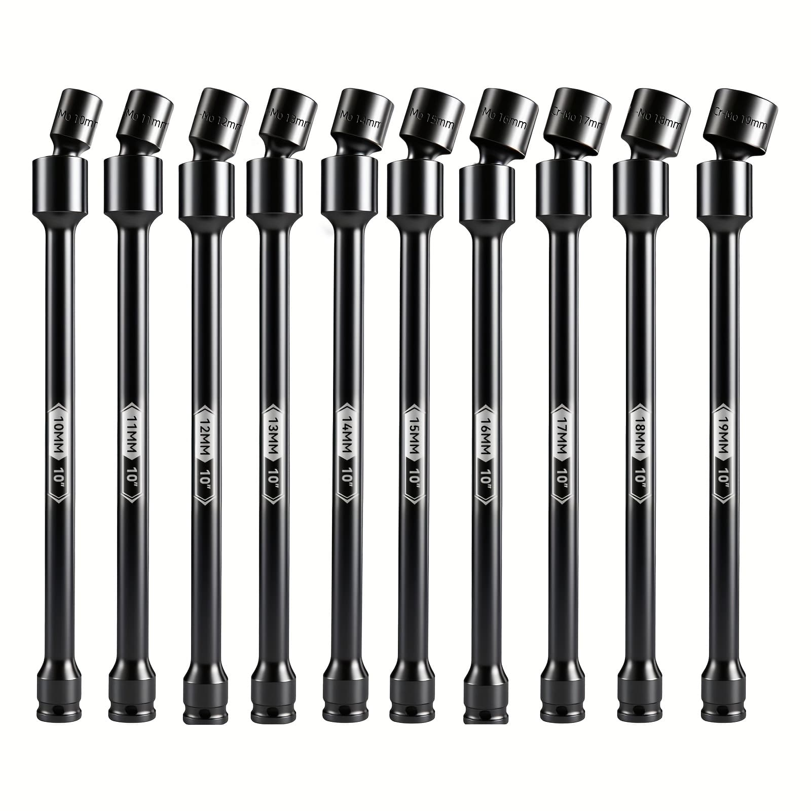 TEMU 10pcs 3/8" Drive Universal Impact Extension Socket Set, 10-inch, Metric(10-19mm) Swivel Socket Set, 6 Point, Cr-mo