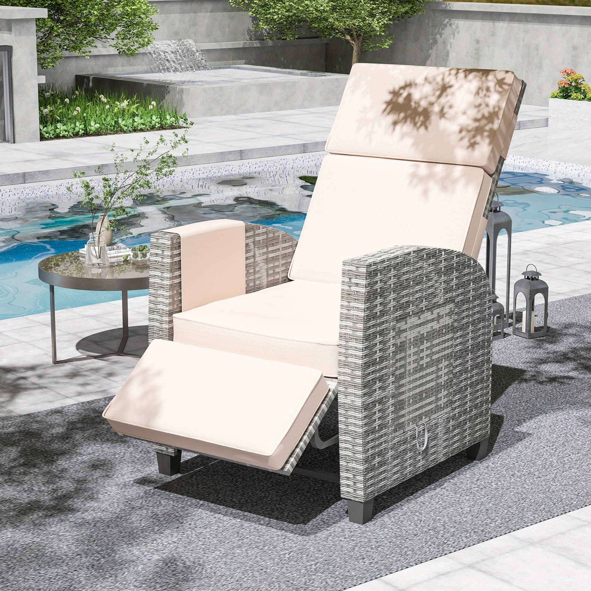 TEMU Outdoor Recliner Lay Flat Recliner With Flip Table Push Back Wicker Reclining Lounge Chair