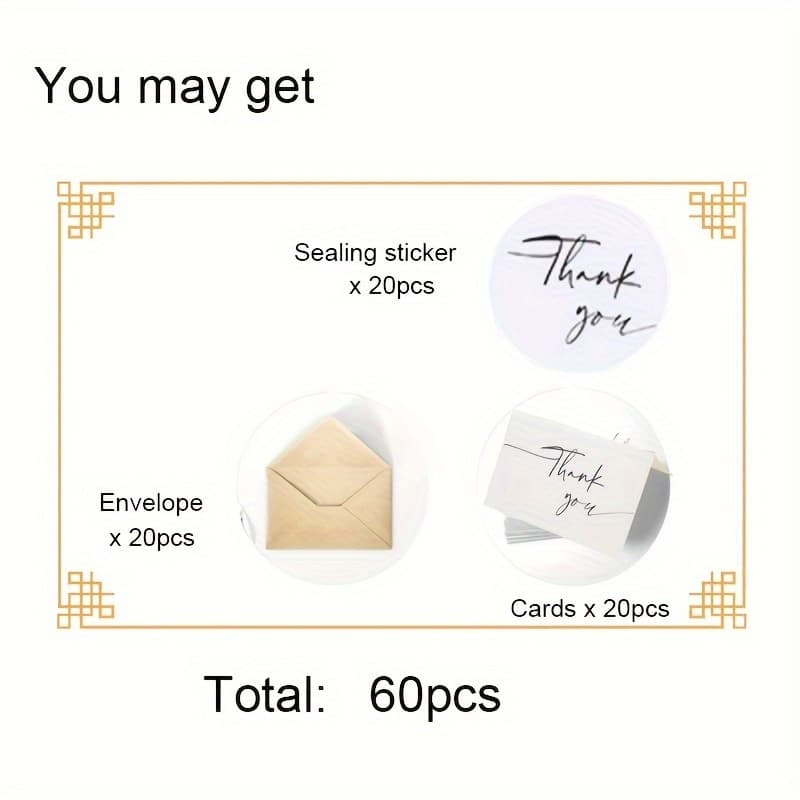 TEMU 60-pack Elegant Thank You Cards With Envelopes & Stickers - Heavyweight Paper, Gummed Closure, Blank Inside For Personal Messages - Perfect For Business, Baby Showers, Office & Special Occasions