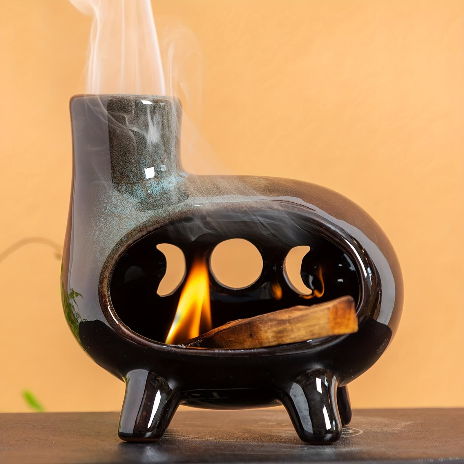 TEMU Handcrafted Ceramic Palo Burner Holder, Green Glaze Incense Chimney Dish With Footed Base - Ash Catcher For Wood Sticks, Sage, Cones - Meditation & Yoga Essential