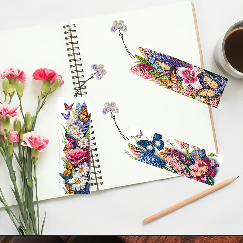 TEMU 4pcs Floral Themed 5d Diamond Painting Bookmark Set With Pendant, Diy Craft Set With Special Shaped Acrylic Diamonds, Suitable For Book Lovers And , Durable Floral Bookmark