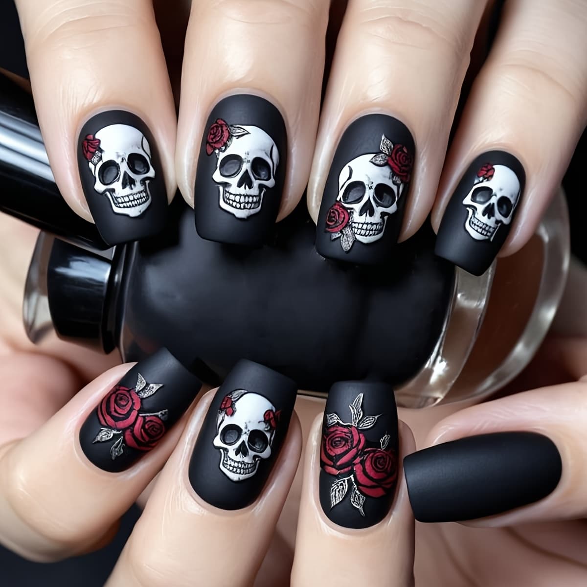 TEMU 24pcs Halloween Nails Black Matte Rose Print Design Full Coverage Press False Nails Are Suitable For Women's Holiday Party Nail Art Decoration