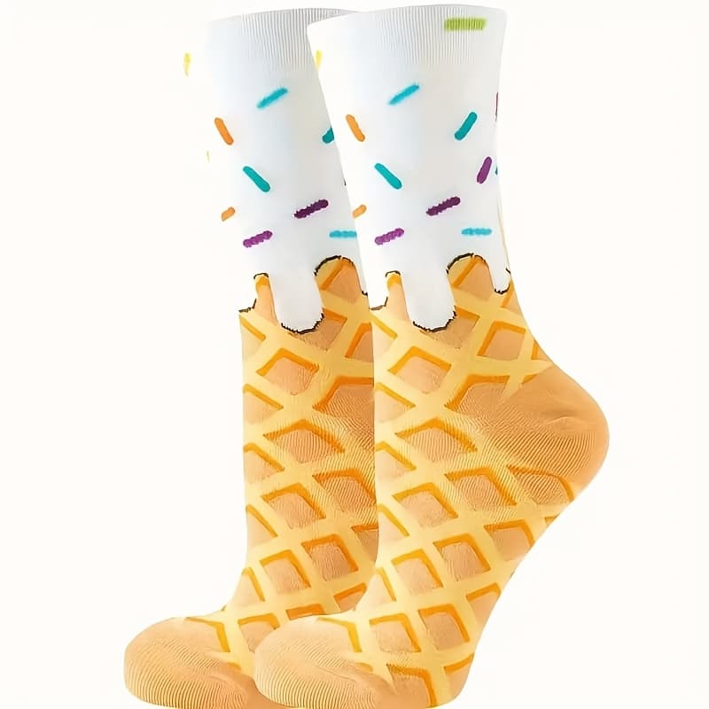 TEMU A Pair Of Cute Ice Cream Cone Pattern Knee-high Socks, Blend Knit Fabric, Cartoon Design Couple Socks, Comfortable, Hand Washable - Fun Matching Socks For Couples