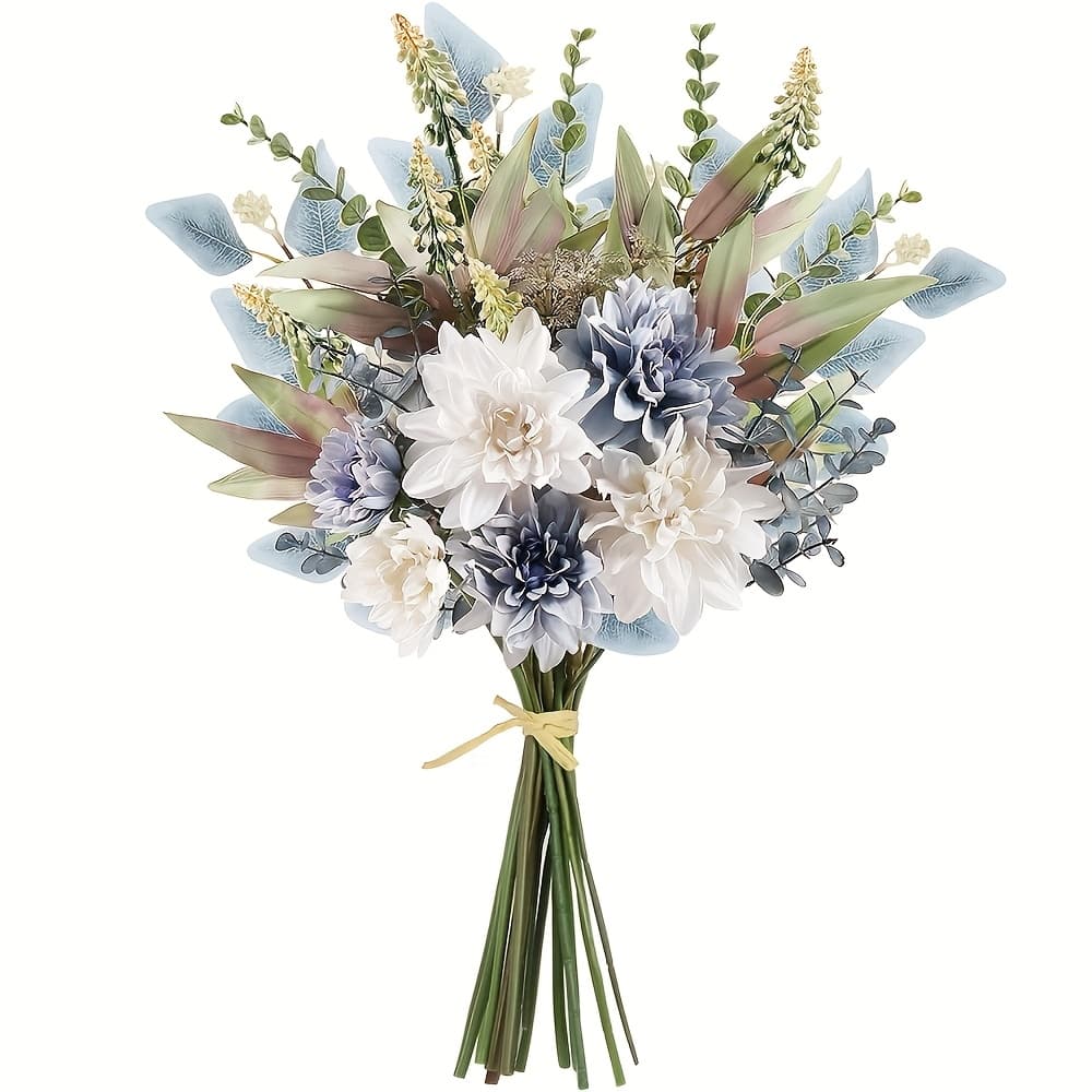 TEMU Stunning And White Artificial Dahlia Bouquet - Perfect For Wedding, Engagement, And Home Decor, Desktop Display, Vase Not Included, Wedding Decoration