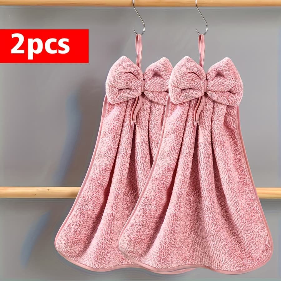 TEMU 2pcs Bowknot Hanging Towels - , Quick-dry Coral Fleece With Hanging Loop For Kitchen & Bathroom Use - Cleaning, Drying & Wiping Tasks