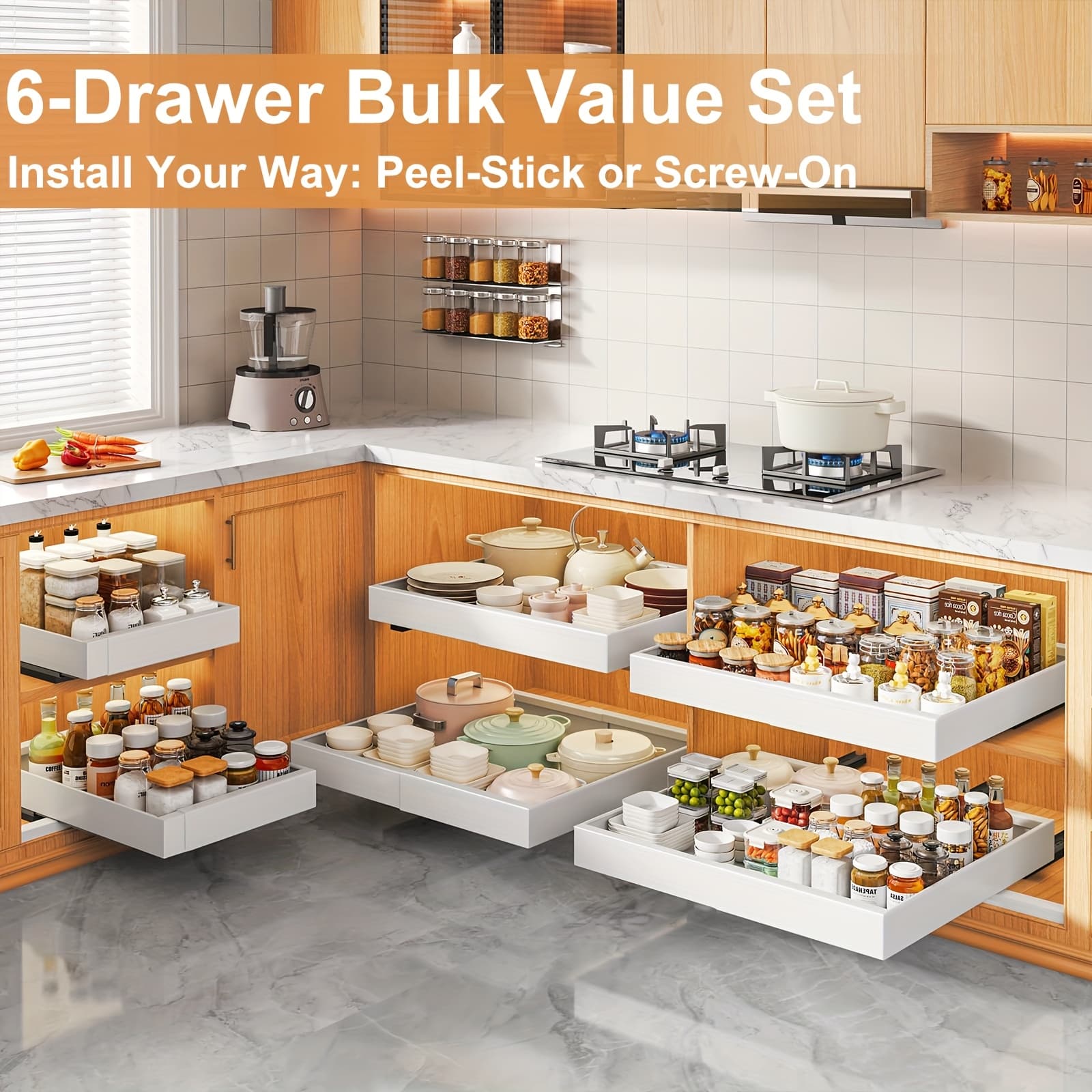 TEMU 2/4/6pcs Expandable Pull Out Drawers For Kitchen Cabinets Sliding Storage Shelves, Heavy Duty Carbon Organizer, No Drill Under Sink Roll Out Basket, Cabinet Shelf For Bathroom & Laundry