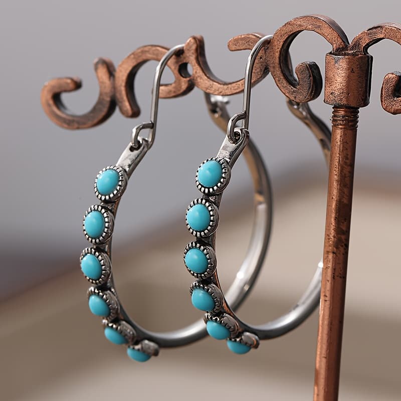 TEMU Bohemian Retro Ethnic Style Turquoise Hoop Earring, Silvery Colour Copper Products, , Women's Earrings, Suitable For Daily Home Parties, Jewelry Additions Gift