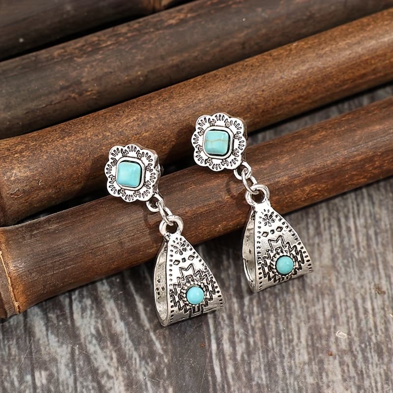 TEMU A Pair Of Exquisite Earrings Featuring Intricate Carved Patterns In A Bohemian Style, Inlaid With Synthetic Turquoise Alloy For Cross-border , Without Battery