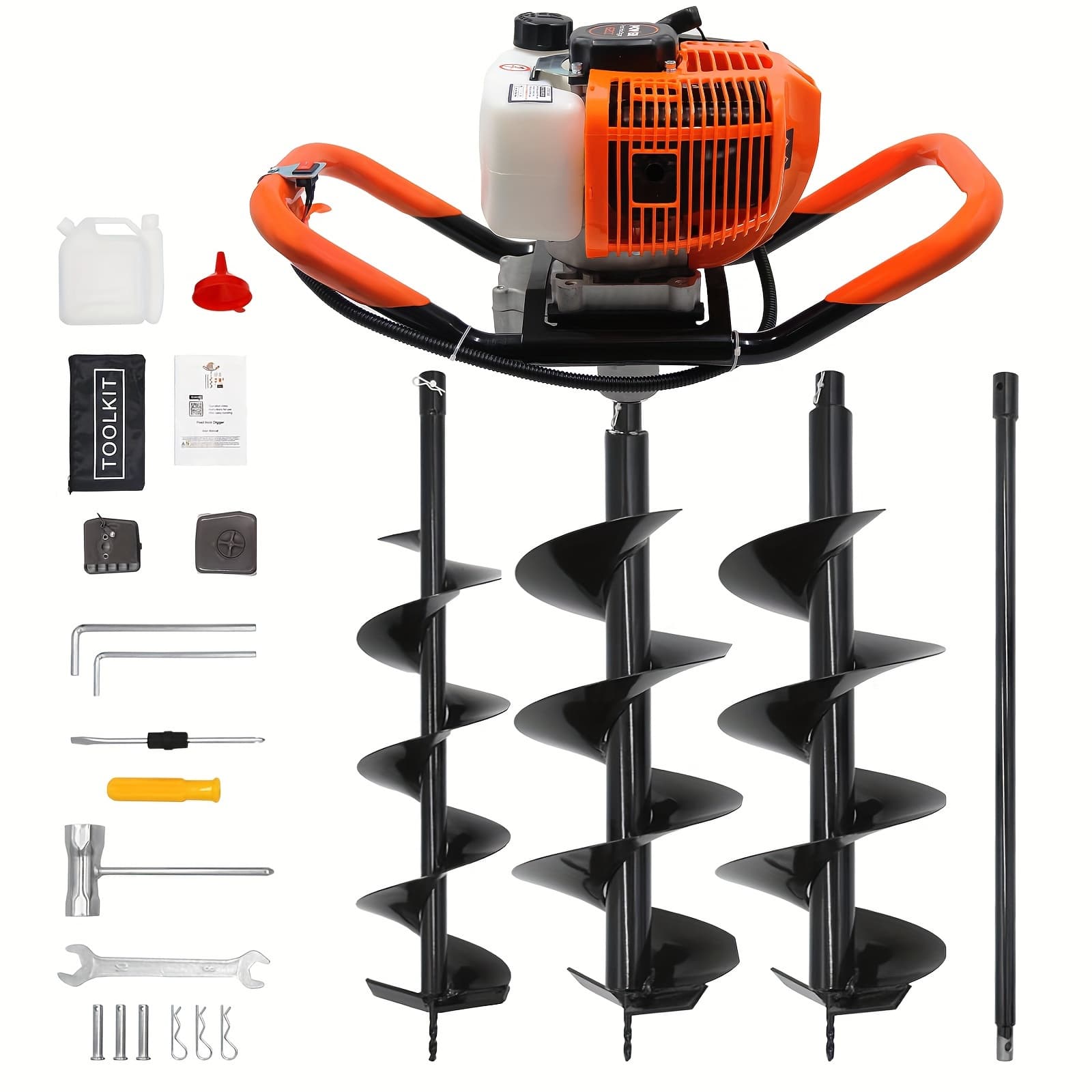 TEMU 62cc Auger Post Hole Digger, Gas Powered Earth Post Hole Digger With 2 Auger Drill Bits (6" & 8") + 1 Extension Rods For Farm Garden Plant, Orange (62cc)
