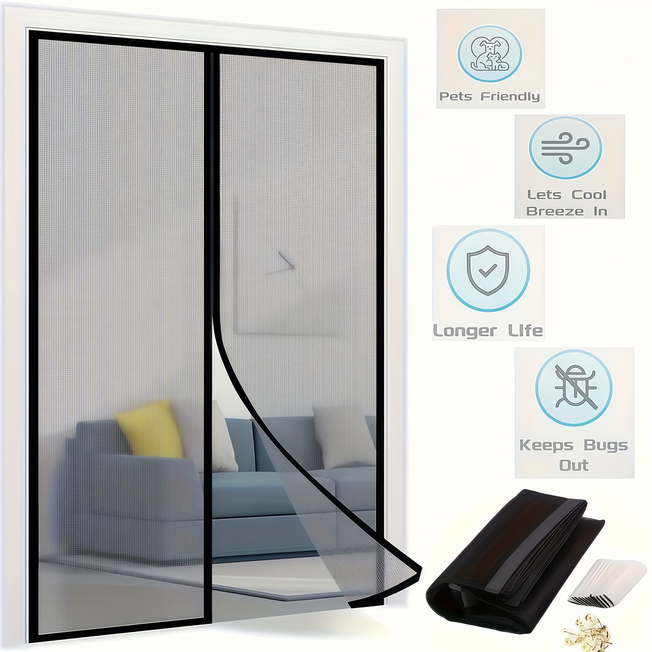 TEMU A Heavy-duty Self-sealing Magnetic Screen Door - Installation With Dual Fixation Using Magnetic Strips And Adhesive, Suitable For All , Designed For Front/back Doors, Patios