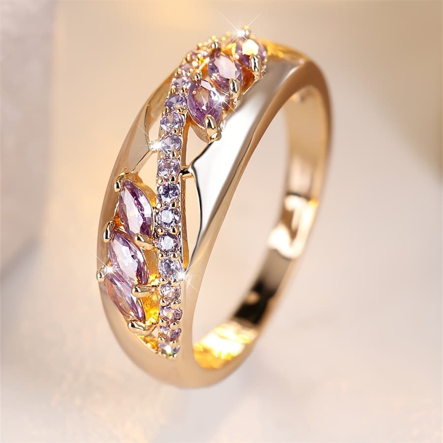 TEMU Creative Hollow Marquise Cut Purple Synthetic Synthetic Zirconia Ring, Luxury Party Festival Daily Wear, Suitable For All