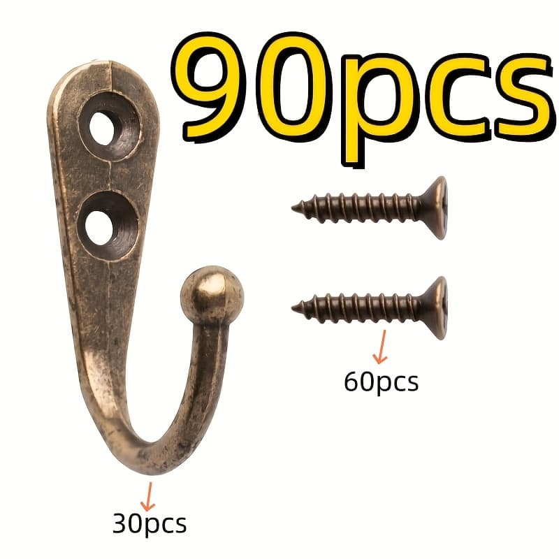 TEMU Retro Alloy Hook Set - 90pcs Heavy-duty Wall Hooks With Screws, Mini Kitchen & Garment Hangers For Decor, , Rust-resistant Design, Polished Finish, Utility Hooks