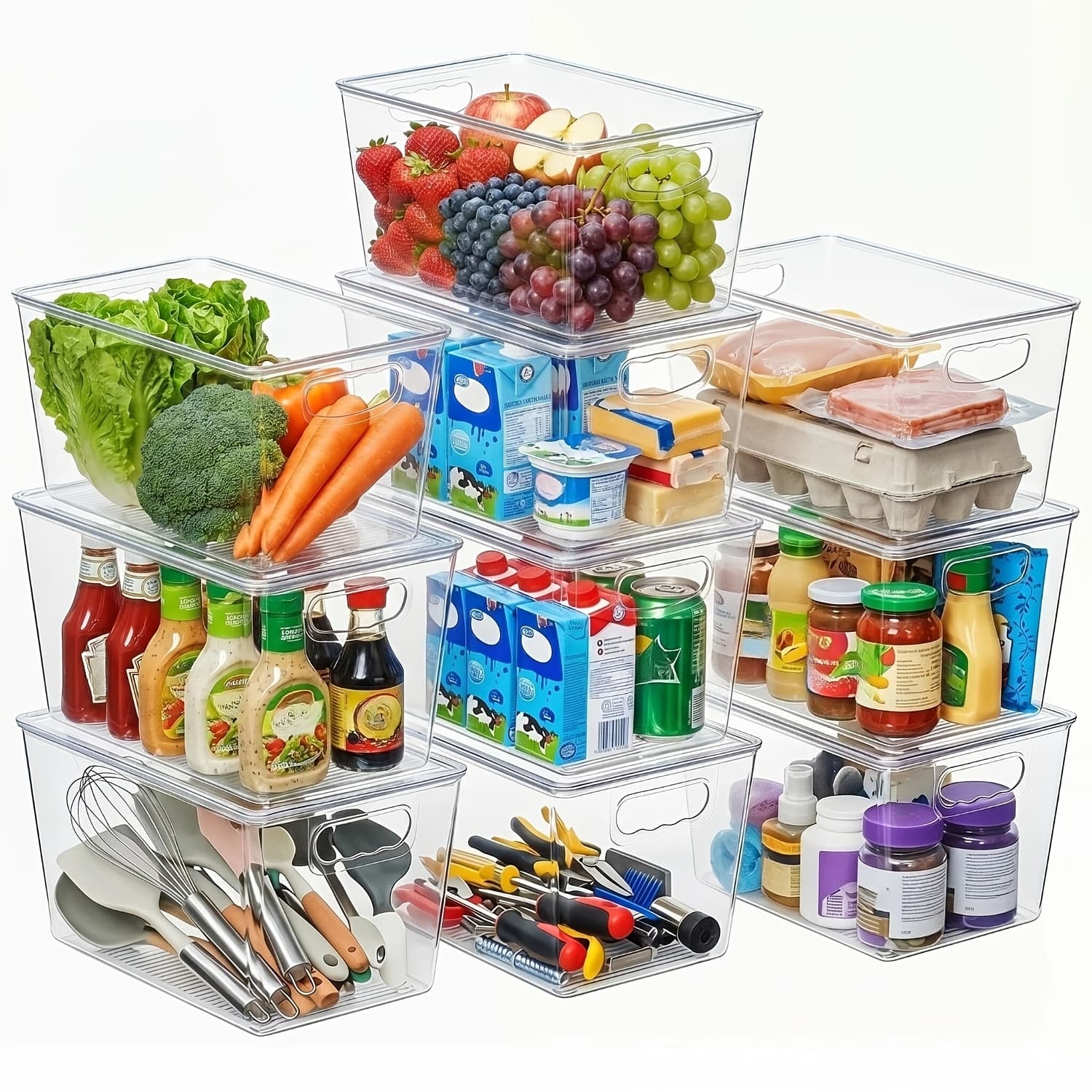TEMU 10 Pack Clear Stackable Storage Bins With Lids, Large Plastic Containers With Handle For Pantry Organizer And Storage, Perfect For Kitchen, Fridge, Cabinet, Closet, Bathroom Organization