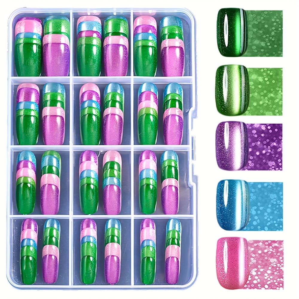 TEMU 120opcs Cat Eye Press On Nails - 12 Sizes, Sequin Cat Nail Stickers For Women, Short Gel False Nails For Women And S, 12 Sizes Of Sequin Reusable Nail Stickers