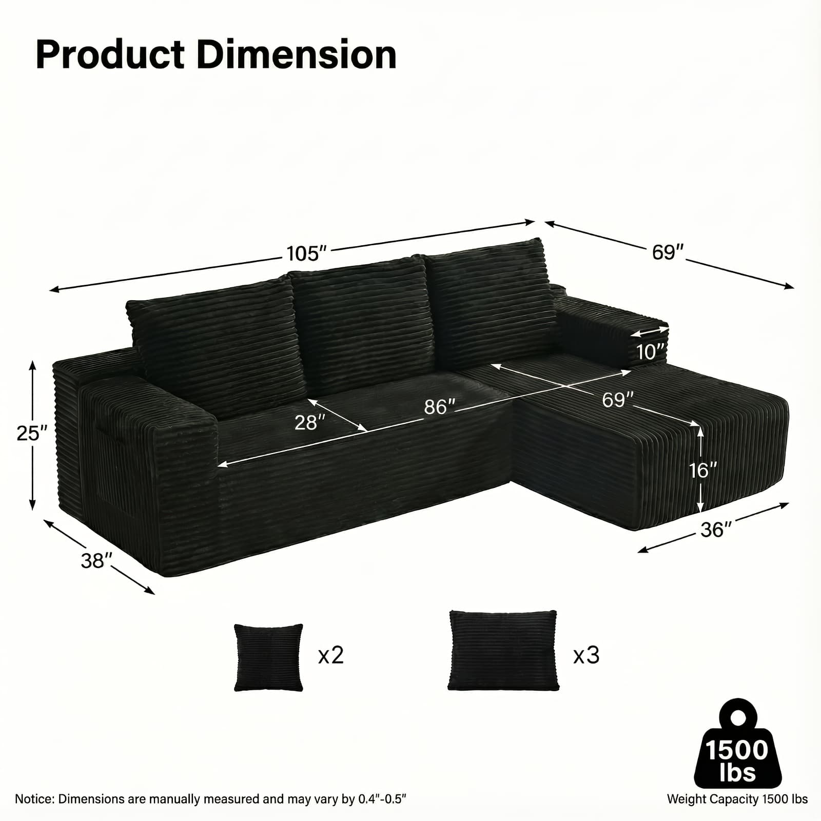 TEMU Boneless Couch For Living Room, Modular Sectional Sofa With Plush Corduroy Fabric, Minimalist Oversized L-shaped Couch With Chaise, Fluffy Pillows And Cushion, No .