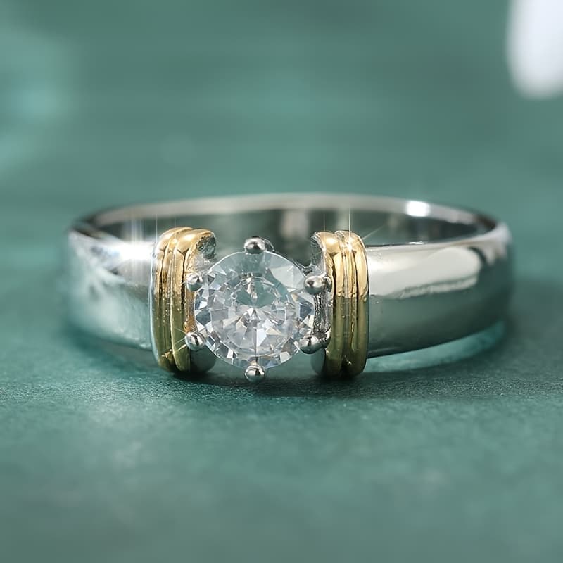 TEMU Women Rings With Synthetic Round/cushion Cubic Synthetic Zirconia 2 Tone Wedding Bands Female Jewelry