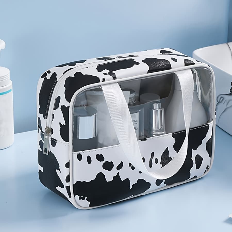 TEMU High Quality Cow Print Makeup Bag With Cute Cow Pattern - Pvc Travel Toiletry Organizer Suitable For &, Hand Washable High Quality Storage Bag (/)