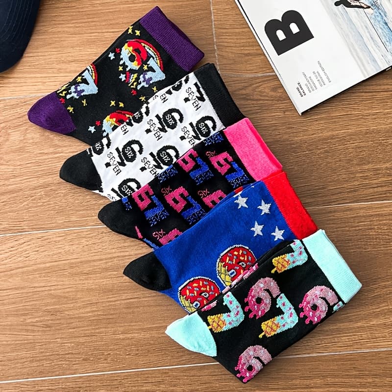 TEMU 5-pair Pack New Arrival Unisex Trendy Socks, Number 67, Comfortable, Stylish, Breathable, Sweat-absorbent, Versatile Mid-calf Socks
