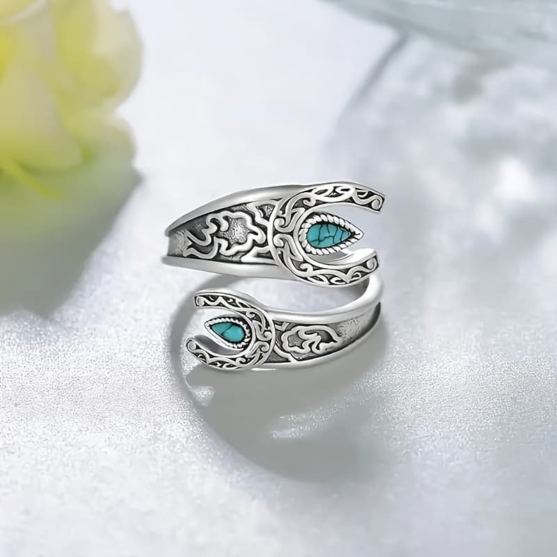 TEMU Gift For Her/him 925 Silver Retro Moon And Inlaid Turquoise In Shape High Quality Adjustable Ring With Gift Box