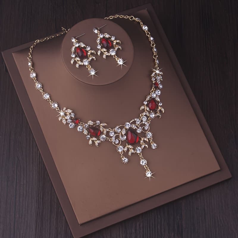 TEMU High End And New Style Necklace+a Pair Of Earrings Set With Red And Green Water Pendant Chain, Bride Accessories, Wedding Dresses, Evening Party Accessories