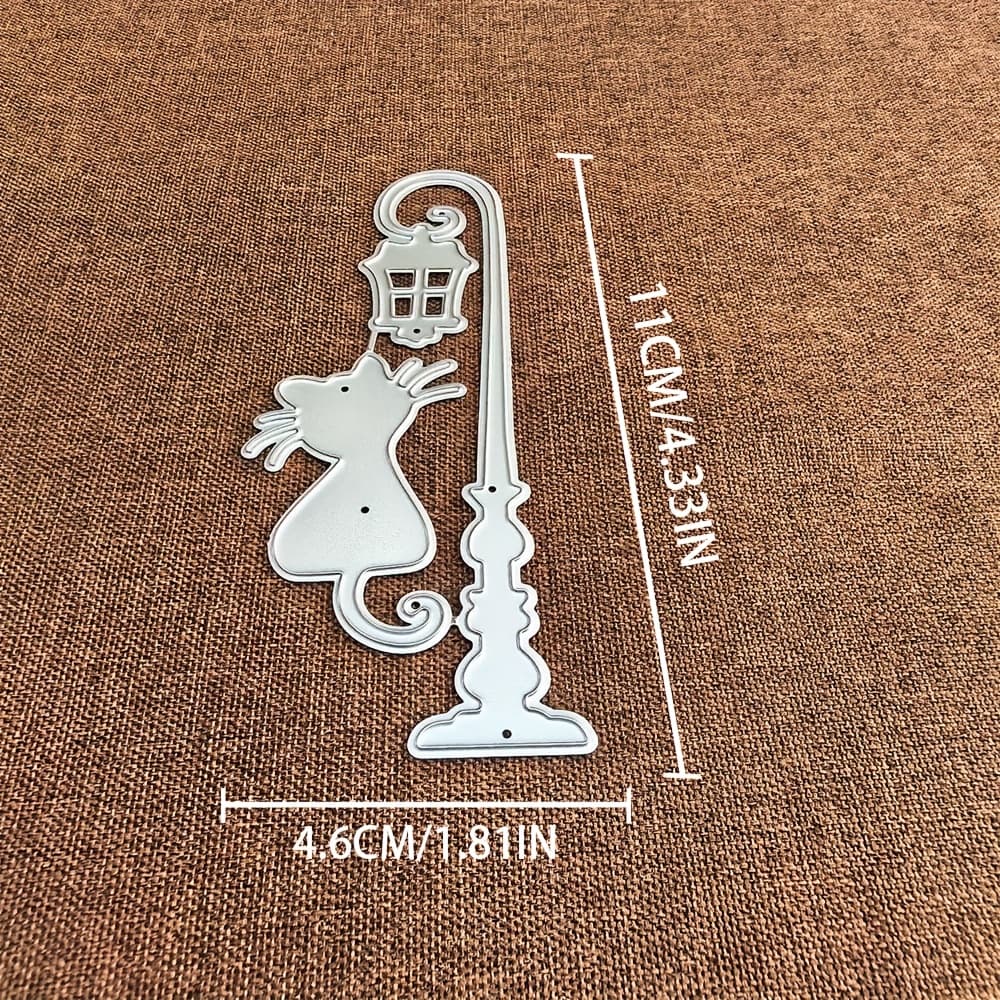 TEMU 1pc Street Lamp And Cat Metal Cutting Die, Silvery-gray, Fantasy Theme, Suitable For Diy Scrapbooking, Embossing, Handmade Greeting Card Making, Gift Card Making.