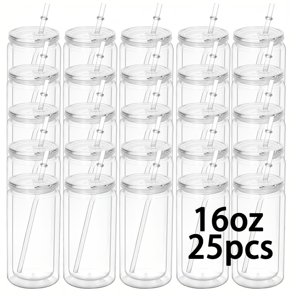 TEMU 6/25 Pack 16oz Acrylic Snow Glassware, Pre-drilled For, Plastic Cups With Lids & Straws, Perfect For Halloween & Christmas Celebrations