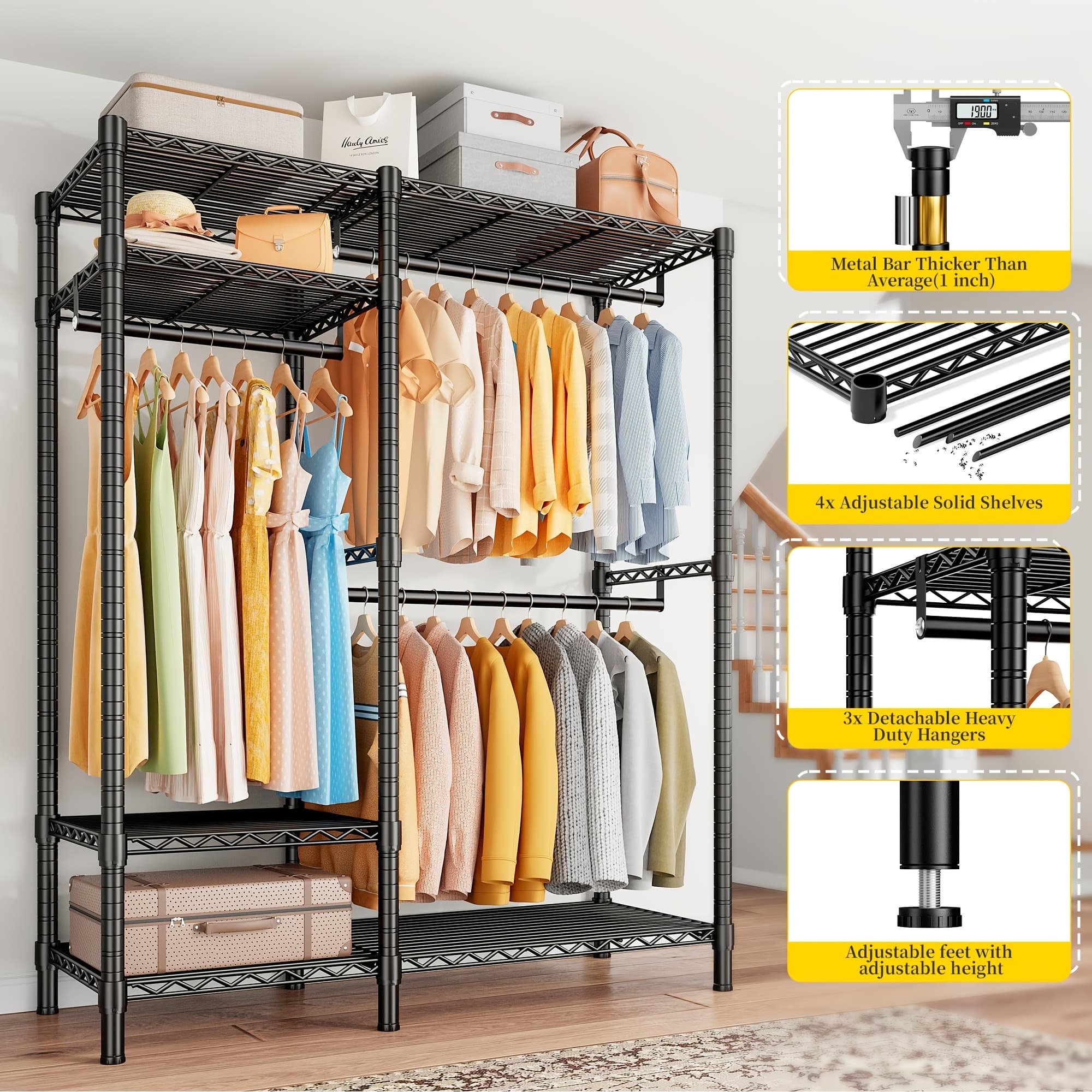 TEMU Carbon Steel 2-column 4-tier Garment Rack With 6 Shelves & 2 Hanging Rods, 700lbs Capacity, Clothing Organizer For Apartments, 77" H X 45" L X 17.7" W, Black