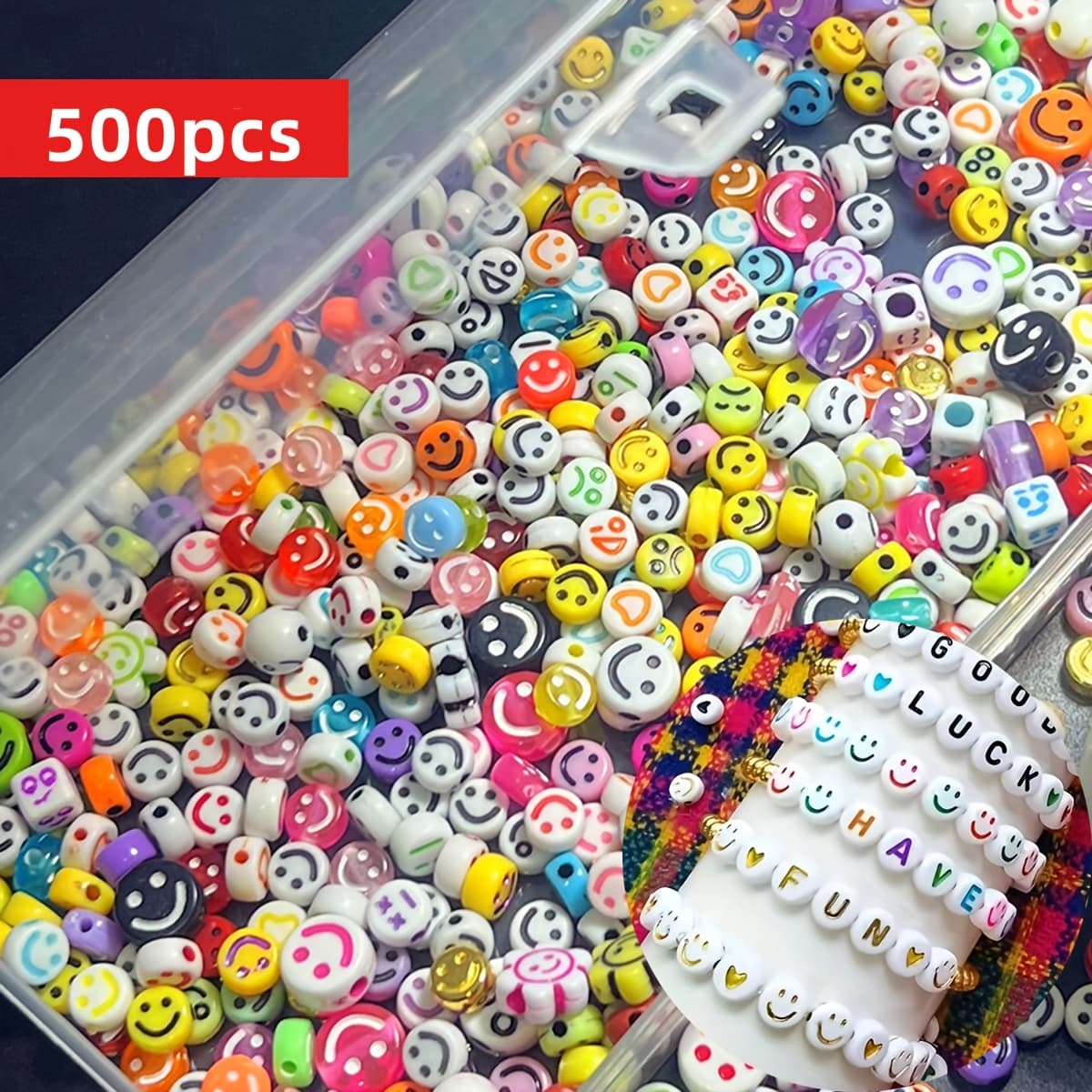 TEMU 500/200pcs 7-10mm Random Styles Face Beads, Loose Acrylic Beads, Random Style, Random Color Women's Additions Used To Make Bracelets, Necklaces
