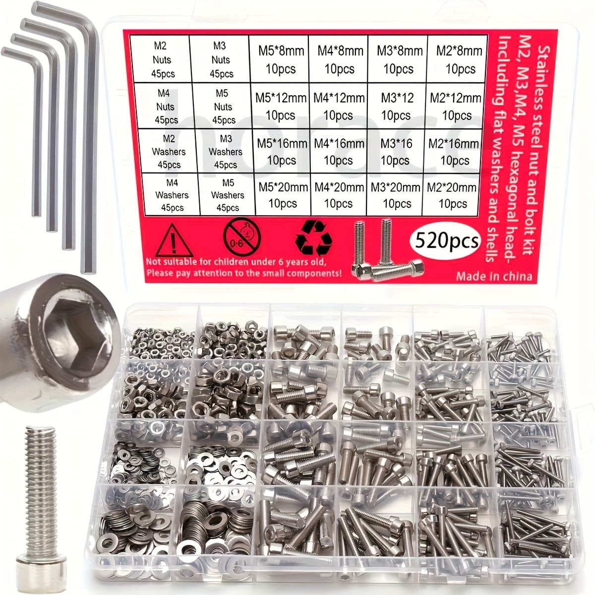 TEMU 520pcs Stainless Steel Hex Nuts And Bolts Set - M2, M3, M4, M5, Hex Head - Includes Flat Washer (wrench)