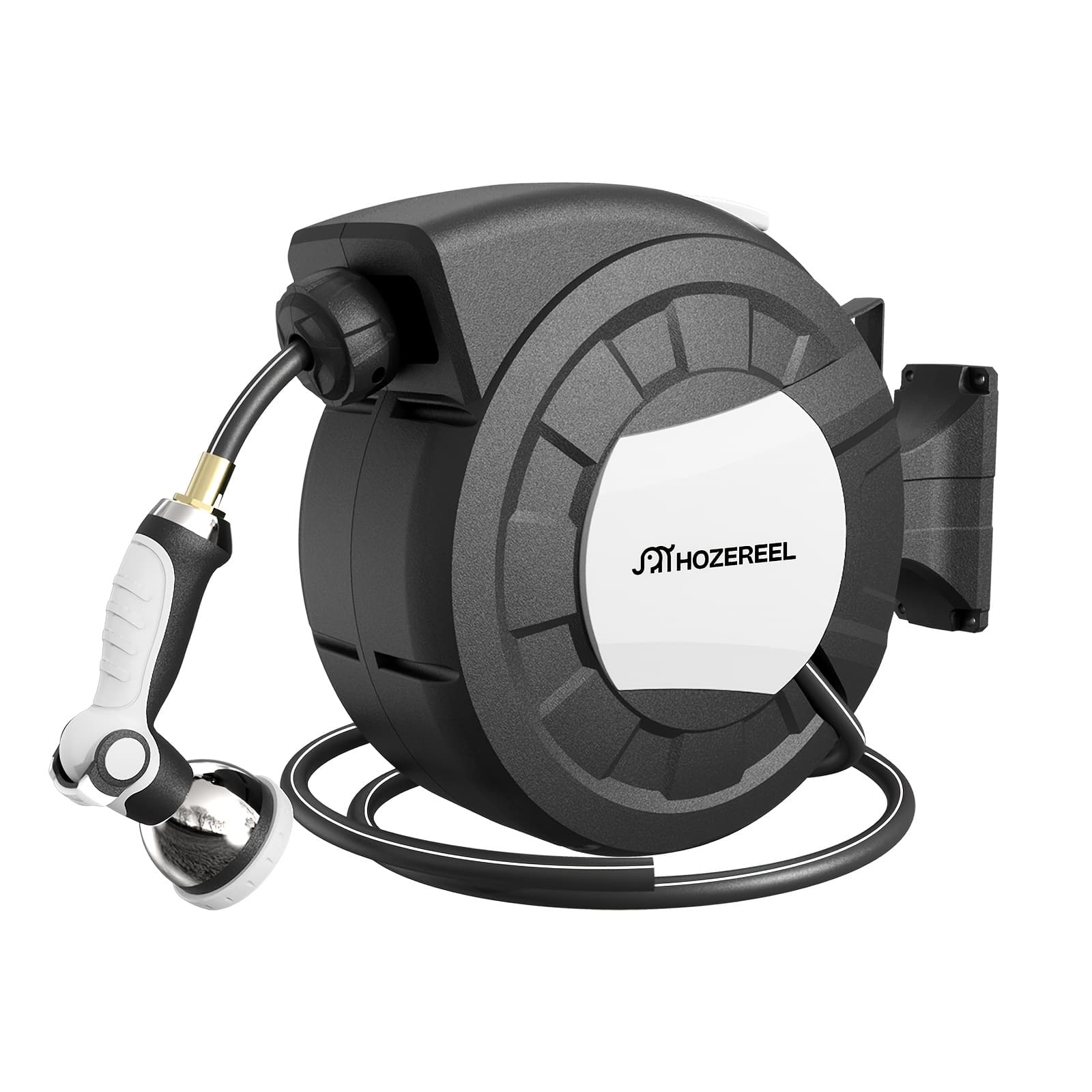 TEMU 100ft X 1/2" Retractable Garden Hose Reel, Decorative Outdoor Garden Hose Reels - Automatic Self Wall Mount Hose Reel Enclosed Storage, Any Length Lock, 10pattern Nozzle-black & White