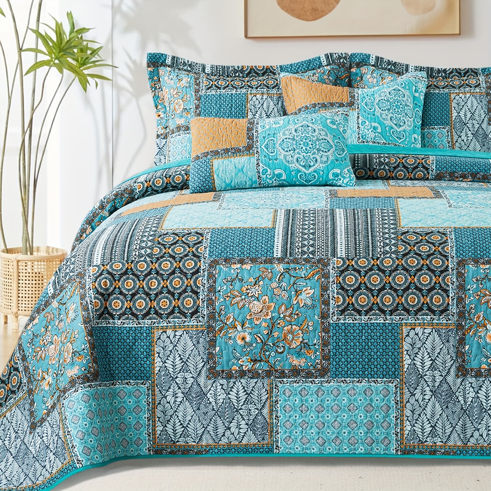 TEMU 3pcs Cotton Comforter Set Queen King For Bed, Teal Farmhouse Quilt Bedding Reversible Coverlets Coverlet Sets Boho Oversized King Size Bedspread Set For Room Decor For All Season