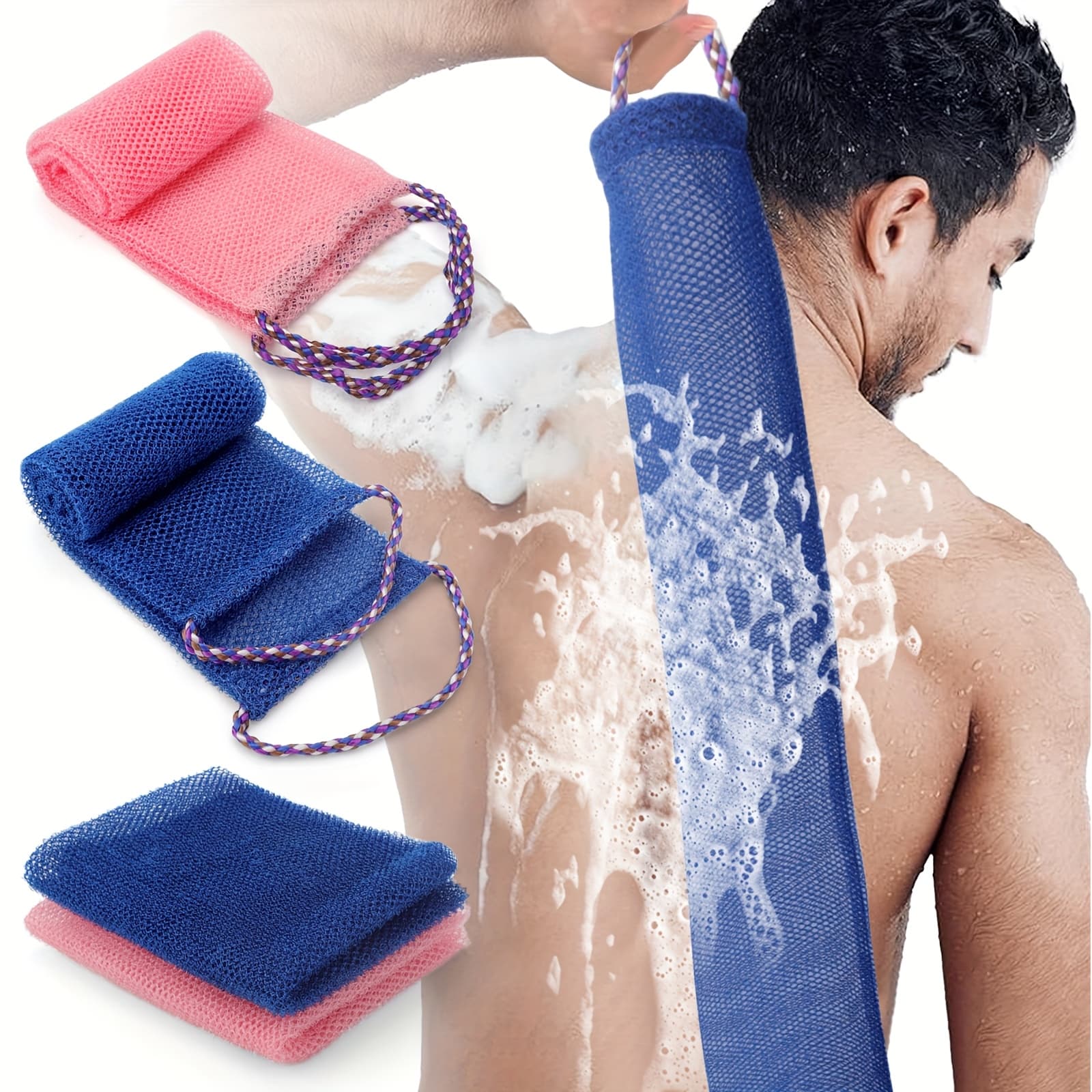 TEMU 4pcs Back Scrubber Set, Exfoliating Bath Towel, Africa Net Sponges For Shower, Body Cleaning, Dead Skin Removal, Smooth