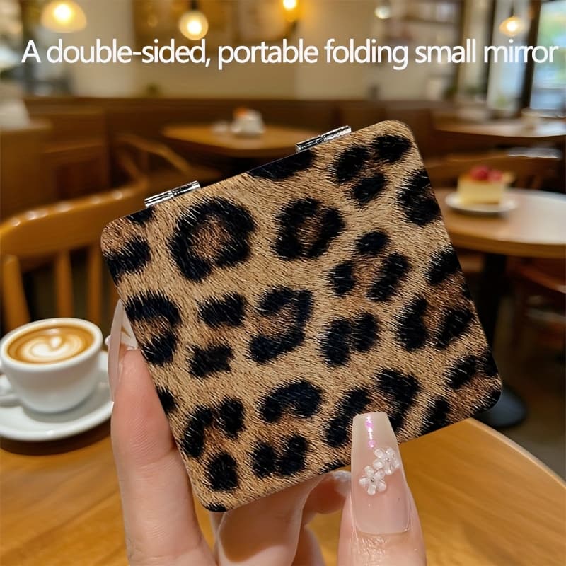 TEMU Leopard Print Compact Mirror, European And Makeup Mirror, Portable Mini Handheld Mirror, Instagram-style Cute Cartoon Design For Students