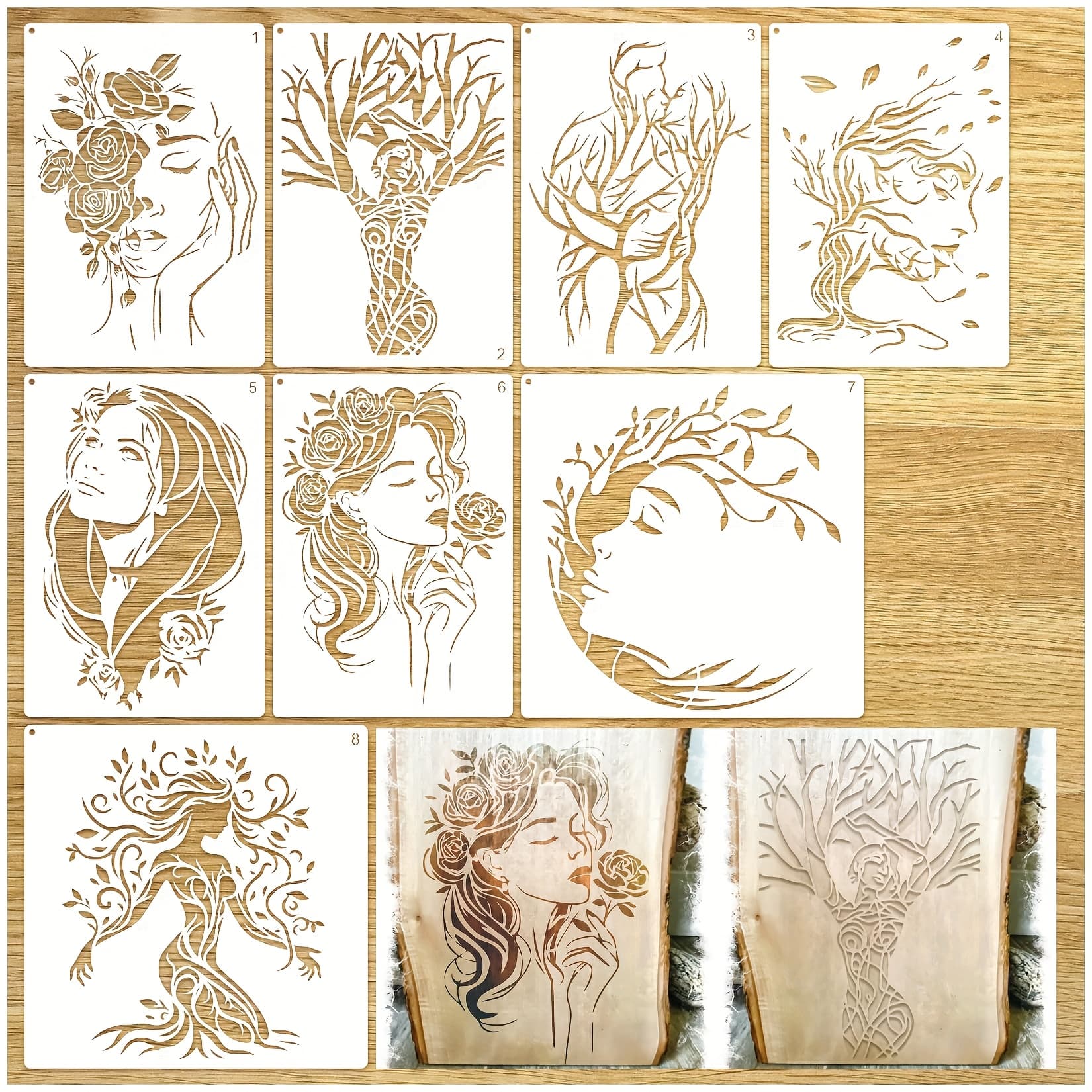 TEMU Woman Tree Stencils For Painting On Canvas Wood Walls, Branches Rose Floral Reusable Burning Drawing Art Paint Stencils For Crafts Card Making Canvas Furniture (tree8)