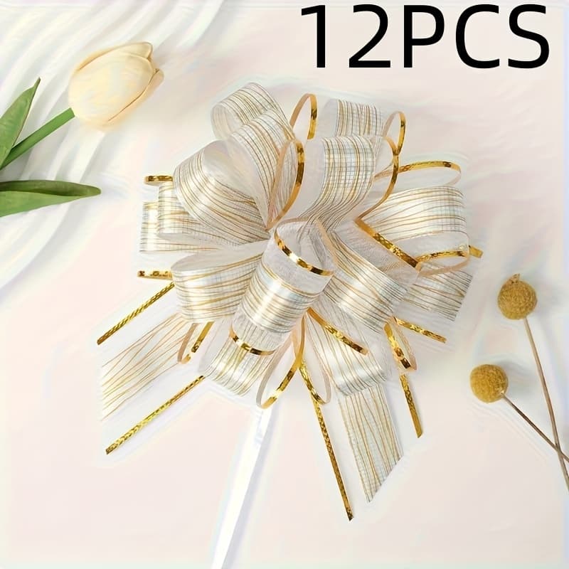 TEMU 12pcs Durable Ribbon Striped Gift Packaging Bows, Suitable For Christmas Weddings, Valentine's Day Gift Packaging Baskets, Decorative Gift Packaging, Event Decoration