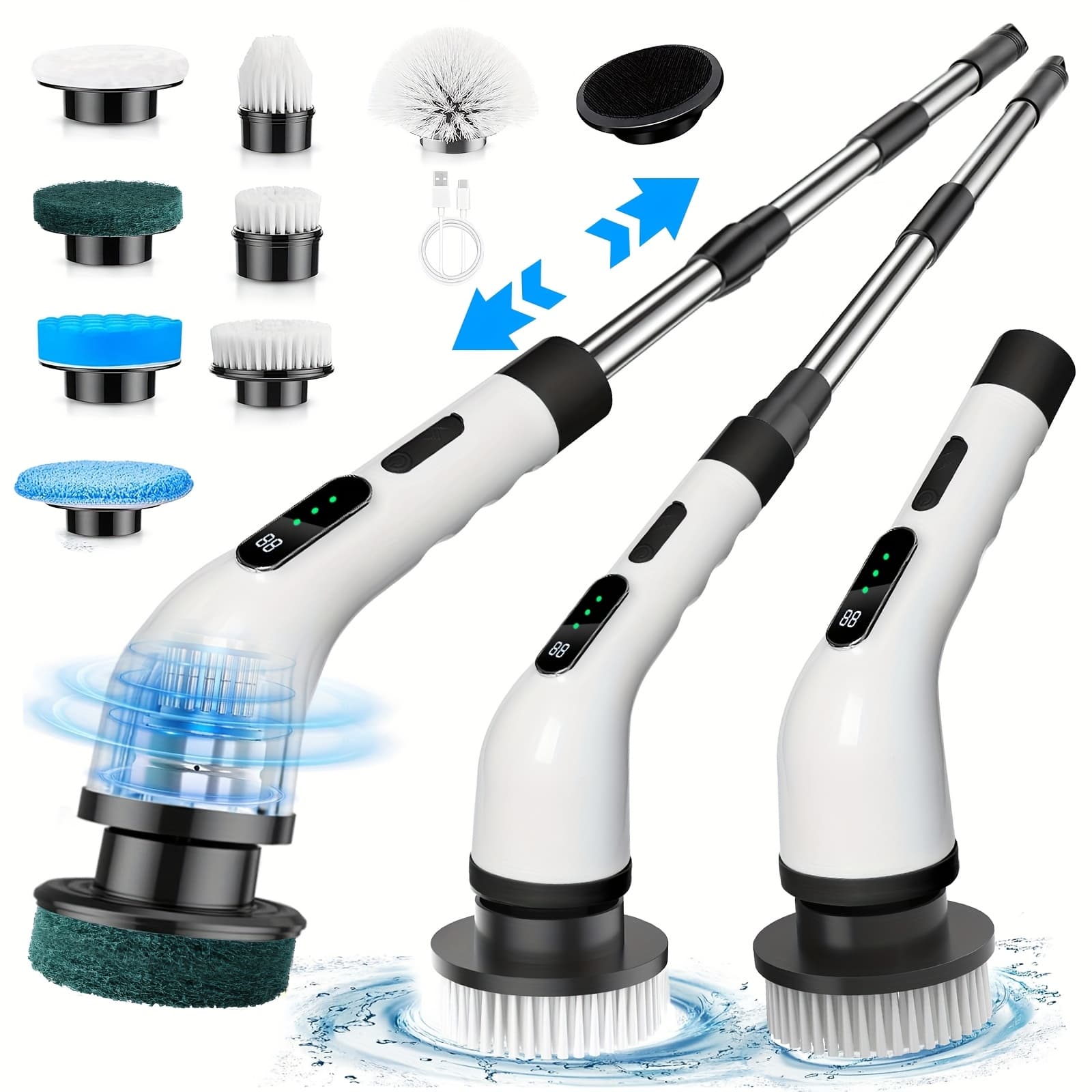 TEMU 2024 Electric Spin Scrubber, Dual Adjustable Electric Scrubber For Cleaning, Adjustable & Detachable Handle Shower Scrubber With 7 Replaceable Brush Heads For Floor, Bathroom, Tub, Tile