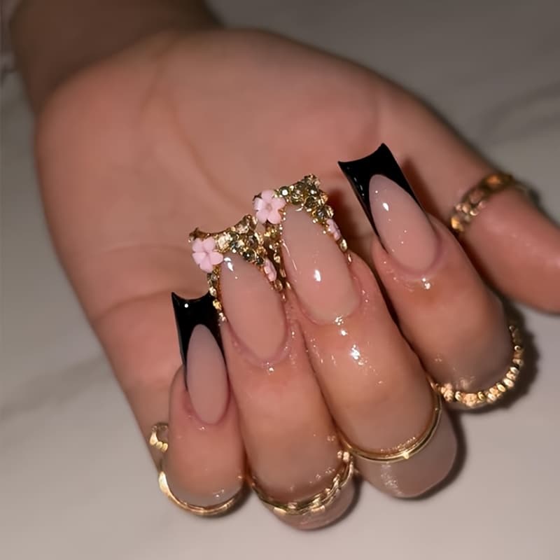 TEMU 24pcs Long Square Press On Nails Black Tip Nails & Flowers Decorated Elegant Full Cover For Women Summer Nails Art Charm Dating Office Home Party