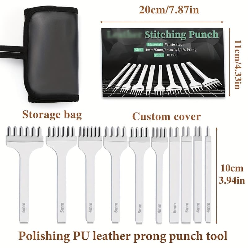 TEMU Set Of 10 Leather Stitching Punches In Sizes, Made Of White Steel, Featuring 1, 2, 4, And 6 Prongs, Complete With A Storage Bag For Projects