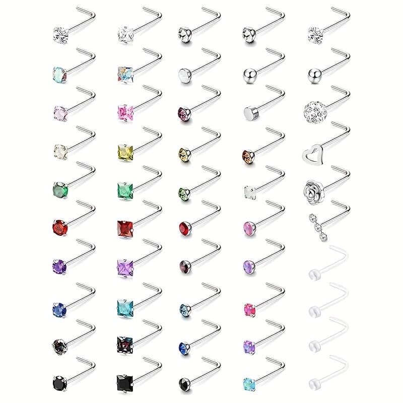 TEMU 50pcs Of Anti-allergic Nose Ring 20g Medical Stainless Steel Nose Ring Earrings L-shaped Nose Ring Jewelry Cz Opal Heart Nose Nail Set For Men And Women