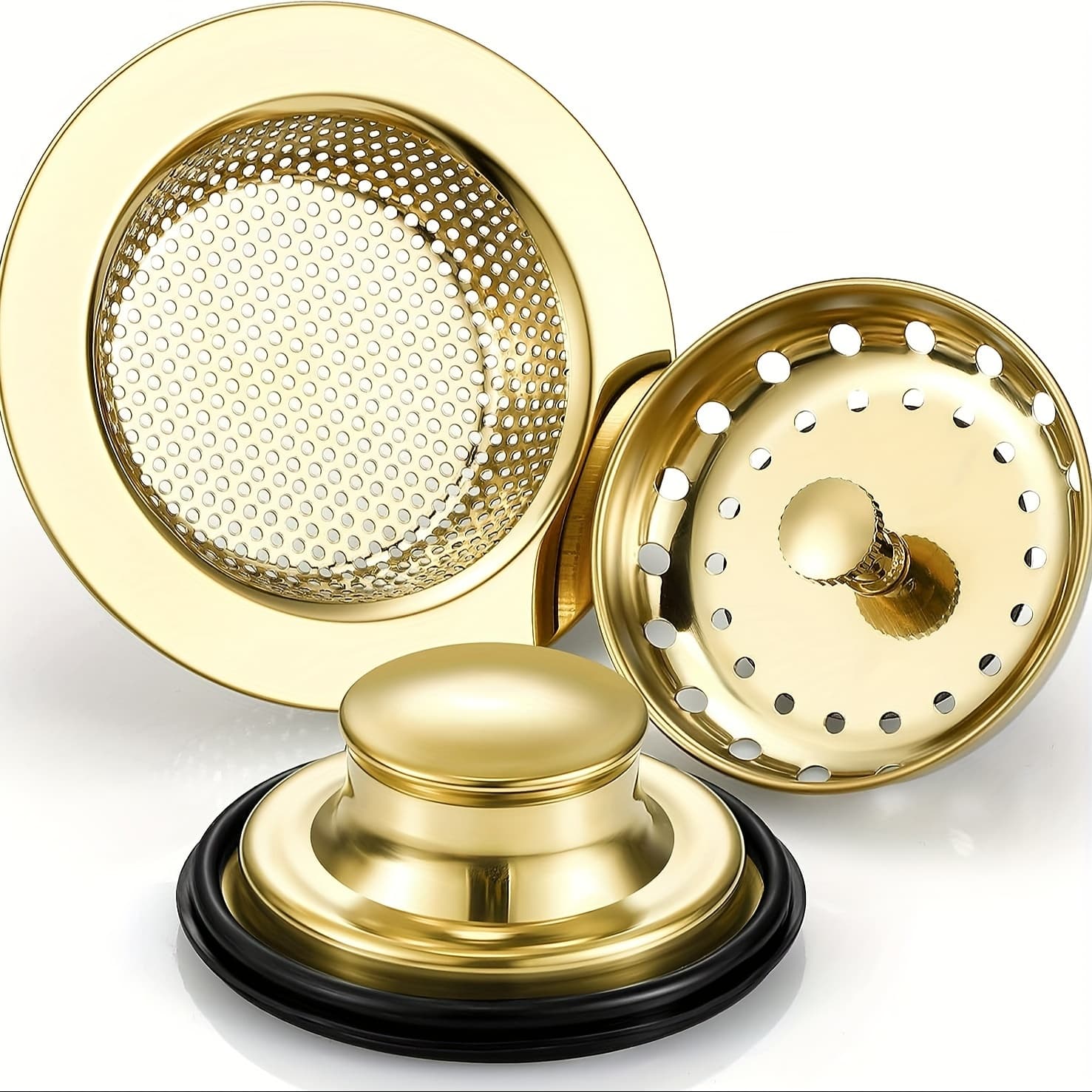 TEMU 3pcs/set Kitchen Sink Strainers, 304 Stainless Steel 4. 4 Inches Golden Finish With Anti-clogging Wide Holes, Durable Rustproof Drain Filter With Rubber Gaskets, Home & Commercial Use